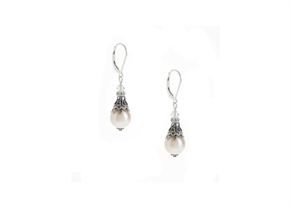 Rhodium Plated Filigree And Pearl Lever Back Earrings